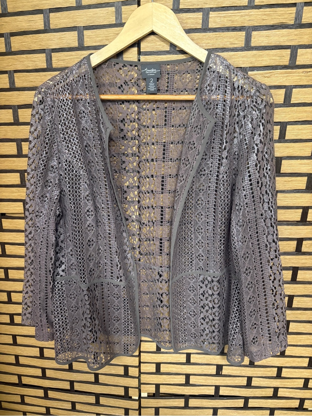 Chicos traveler collection lavender lace/crochet cardigan size 2 (large)
